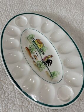 Vintage Hand Painted Ceramic Deviled Egg Platter with Rooster Farmhouse Design.